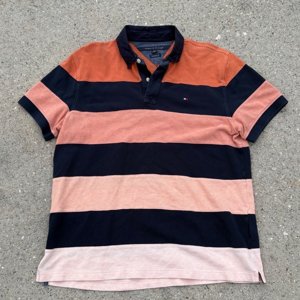 VTG Tommy Hilfiger Striped Polo Shirt - Navy Orange Pink - Mens Large